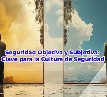 Ilustración que representa la dualidad entre la seguridad objetiva basada en datos y la seguridad subjetiva basada en percepciones humanas en una organización.