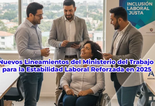 Grupo de profesionales en una oficina luminosa, incluyendo una mujer con discapacidad en silla de ruedas, junto a un cartel de "Inclusión Laboral Justa" del Ministerio del Trabajo.