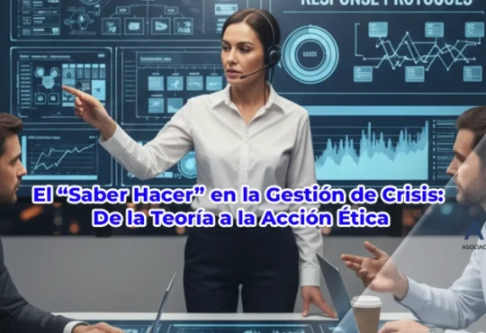 Equipo de crisis profesional reunido, tomando decisiones clave para aplicar el "Saber Hacer" y mitigar el impacto de una crisis.