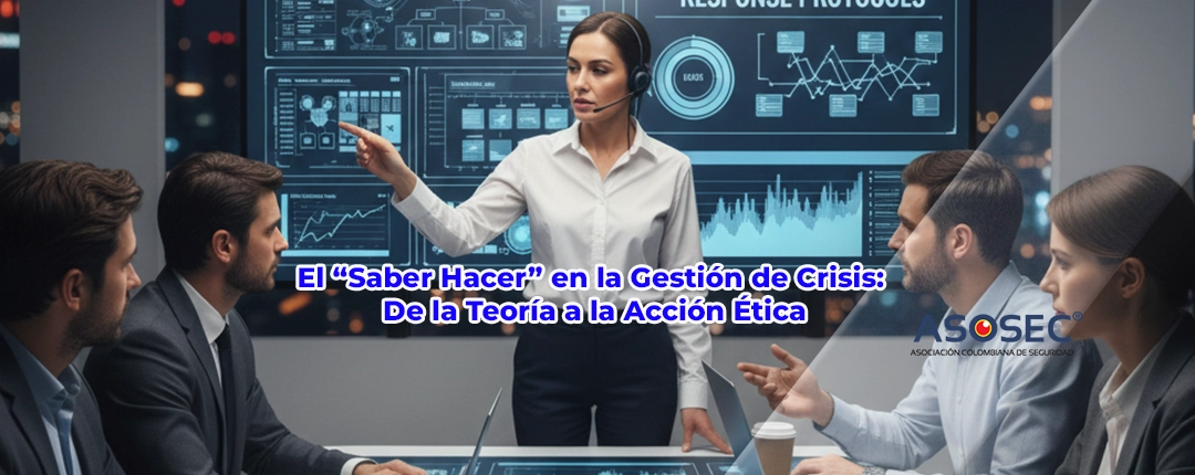 Equipo de crisis profesional reunido, tomando decisiones clave para aplicar el "Saber Hacer" y mitigar el impacto de una crisis.