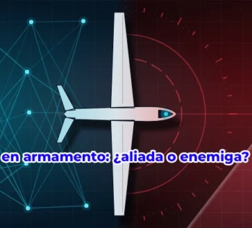 IA en armamento: dron militar guiado por inteligencia artificial entre una red neuronal y un radar de objetivo